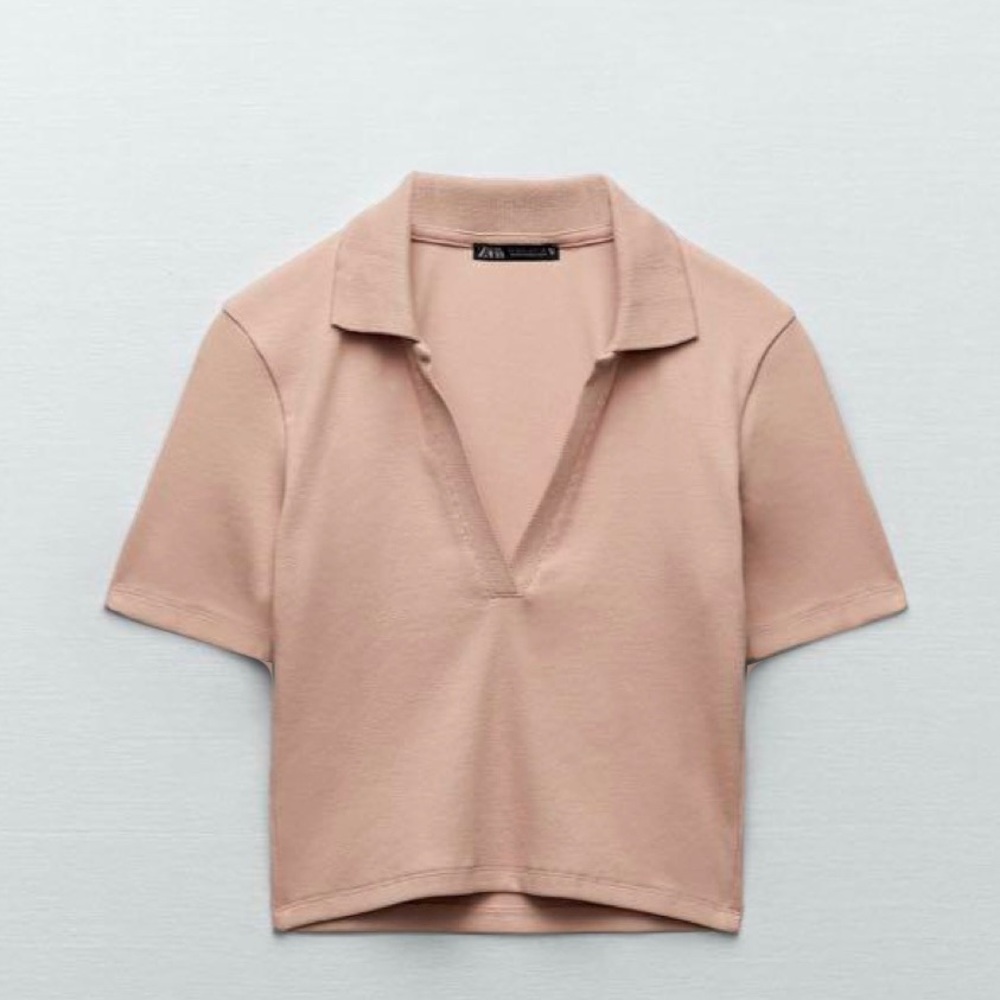 Zara ribbed cropped collared blush shirt